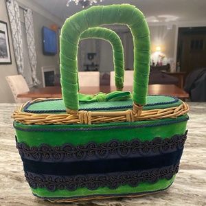 Vintage Wicker Basket Purse / Handbag Felt Ribbon